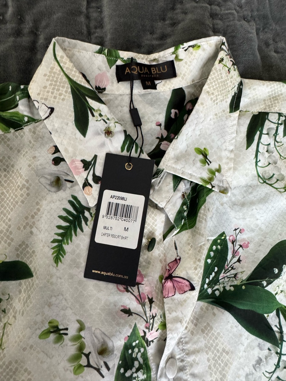 NWT Aqua Blue Carter Resort Botanical Print Cotton/Silk Shirt M